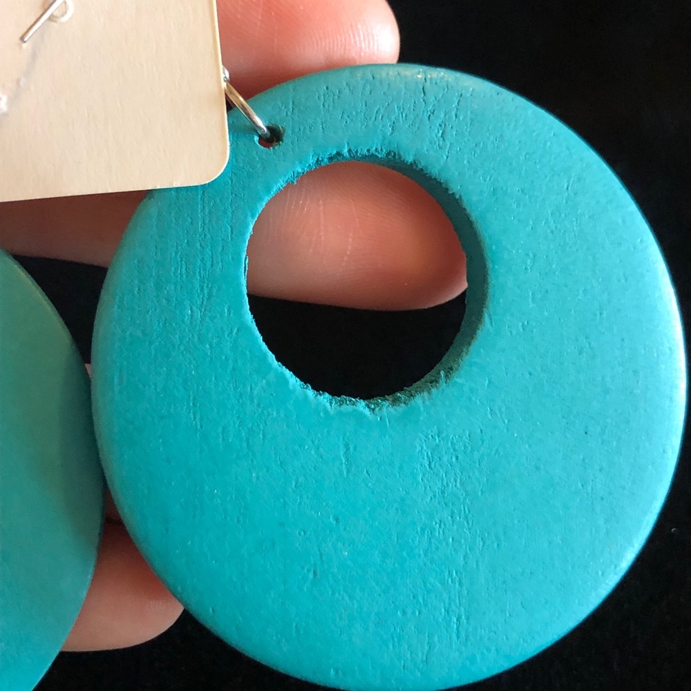 Floral Teal Blue and Tan Round Wooden Earrings - Picture 6 of 7